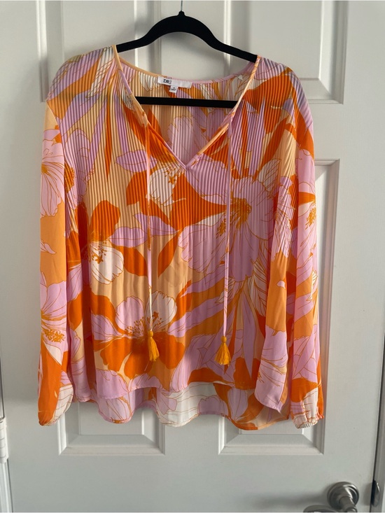 DR2 Tops - DR2 Pink & Orange Floral Pleated V-Neck Blouse